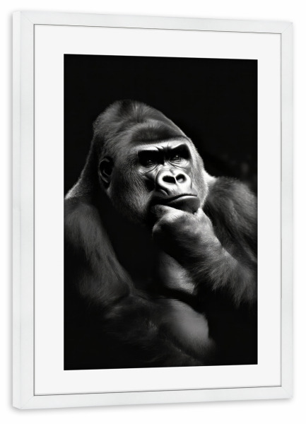 Poster mit Rahmen weiß "Nachdenklicher Gorilla" artboxONE - Tiere,Schwarzweiß - Natur,Afrika,Gorillas,Dschungel,Erde,Affen,Primärwald,Schwarz
