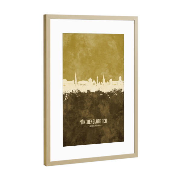Poster mit Rahmen Gold "Mönchengladbach Skyline Braun" artboxONE - Städte