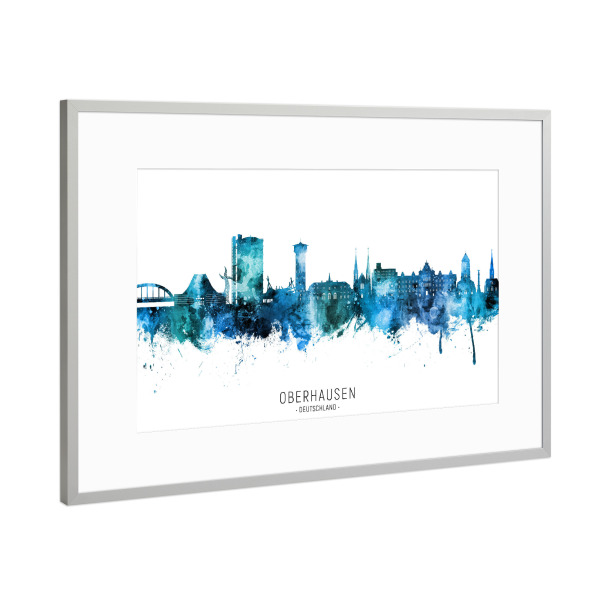 Poster mit Rahmen Silber "Oberhausen Skyline Blauer Name" artboxONE - Städte