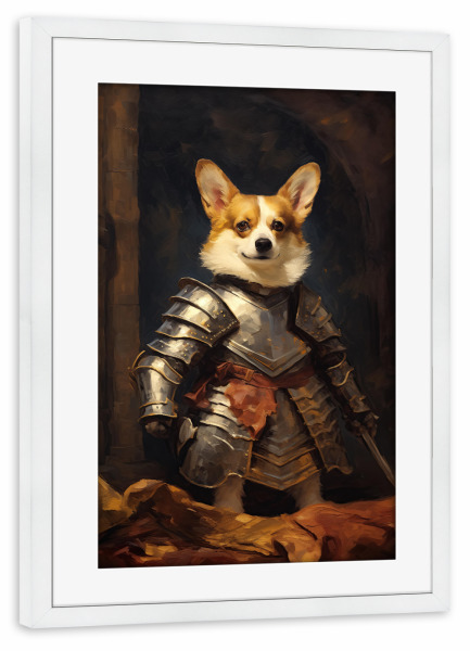 Poster mit Rahmen weiß "Mittelalterlicher Corgi-Ritter" artboxONE - Tiere,Lustig