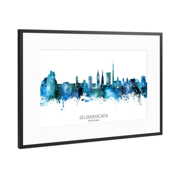 Poster mit Rahmen Schwarz (Metallic) "Gelsenkirchen Skyline Blauer Name" artboxONE - Städte