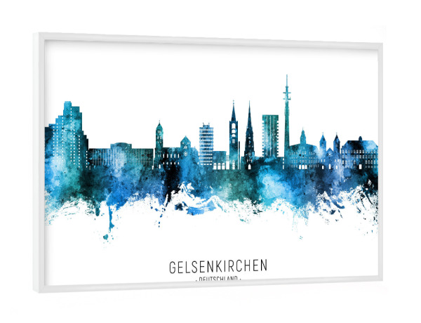 Poster mit weißem Rahmen "Gelsenkirchen Skyline Blauer Name" artboxONE - Städte