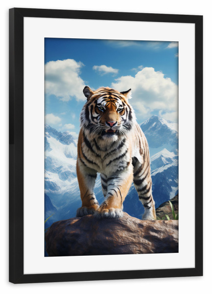 Poster mit Rahmen schwarz "Tiger Mountains (matart)" artboxONE - Tiere - Tiger,Tiger,Katze,Katzen,Tier,Tiere,Natur,Wild,Tierwelt,Berge,Wald,Modern