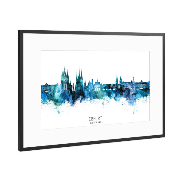 Poster mit Rahmen Schwarz (Metallic) "Erfurt Skyline Blauer Name" artboxONE - Städte
