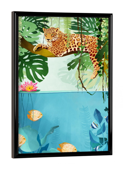 Poster mit schwarzem Rahmen "Dschungelfaulstag" artboxONE - Natur,Für Kinder,Tiere - Dschungel,Kinder,Panther,Tiere,Wasser,Fische