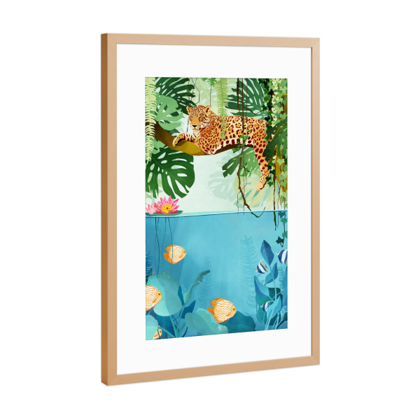 Poster mit Rahmen Kupfer "Dschungelfaulstag" artboxONE - Natur,Für Kinder,Tiere - Dschungel,Kinder,Panther,Tiere,Wasser,Fische