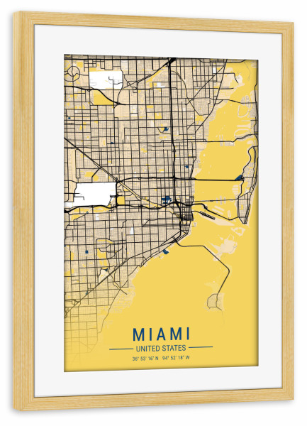 Poster mit Rahmen kiefer "Miami City Wandbild Map" artboxONE - Städte / Weitere,Kartografie
