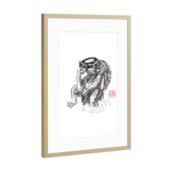 Poster mit Rahmen Gold "Yokai Kappa" artboxONE - Schwarzweiß,Reise / Asien - Yokai,Monster,Sumie,Japan