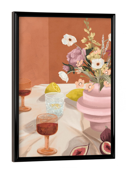 Poster mit schwarzem Rahmen "Sommergeschichten" artboxONE - Essen & Trinken,Essen & Trinken / Alkohol - Sommer,Wein,Tisch,Abendessen,Essen,Blumen