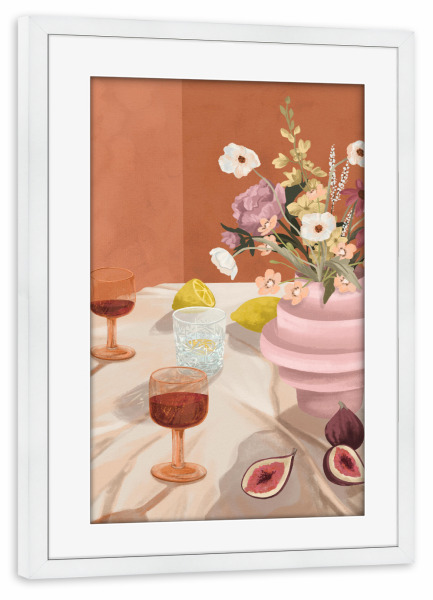 Poster mit Rahmen weiß "Sommergeschichten" artboxONE - Essen & Trinken,Essen & Trinken / Alkohol - Sommer,Wein,Tisch,Abendessen,Essen,Blumen