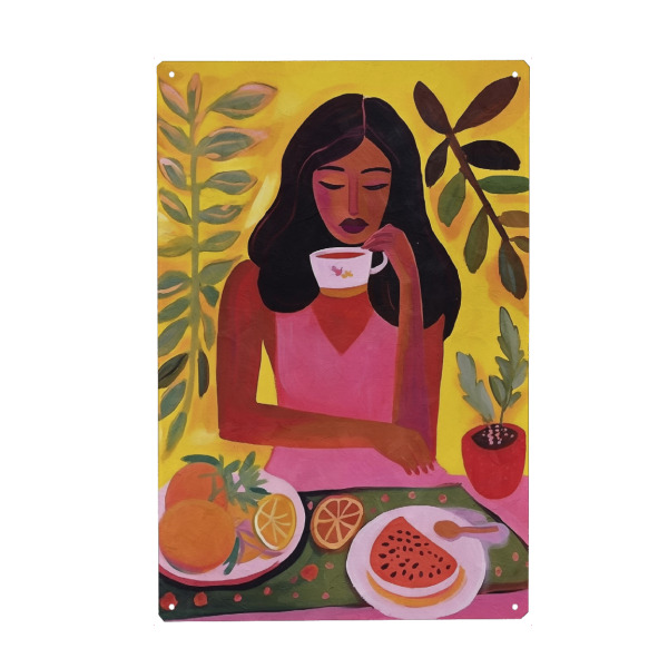 Metall Poster "Khalo Neuer Tee" artboxONE - Abstrakt,Menschen - Khalo neuer tee,Tee,Getränk,Frau,Abstrakt,Abstrakte kunst - Blechschild