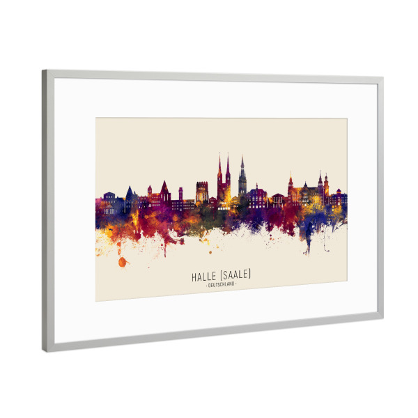 Poster mit Rahmen Silber "Halle (Saale) Skyline Herbstname" artboxONE - Städte
