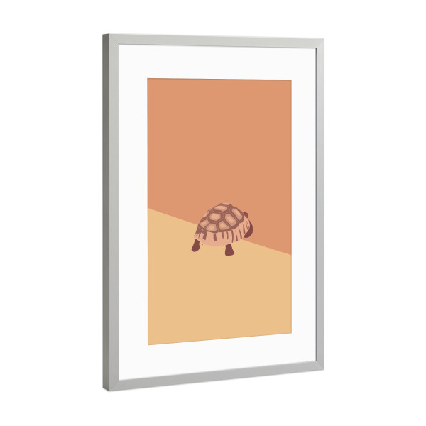 Poster mit Rahmen Silber "A tortoise sets off" artboxONE - Tiere - Landschildkröte,Laufen,Rennen,Schildkröte,Abstrakt,Gelb,Orange,Klein