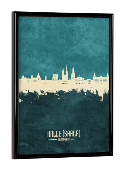 Poster mit schwarzem Rahmen "Halle (Saale) Skyline Türkis" artboxONE - Städte