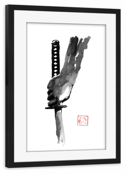 Poster mit Rahmen schwarz "Hand und Schwert" artboxONE - Schwarzweiß,Reise / Asien - Katana,Schwert,Sumie,Hand,Samurai,Japan