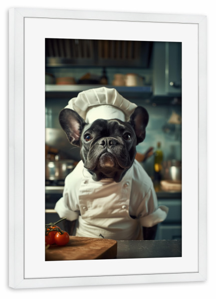 Poster mit Rahmen weiß "Küchenchef-Bulldogge" artboxONE - Tiere,Lustig
