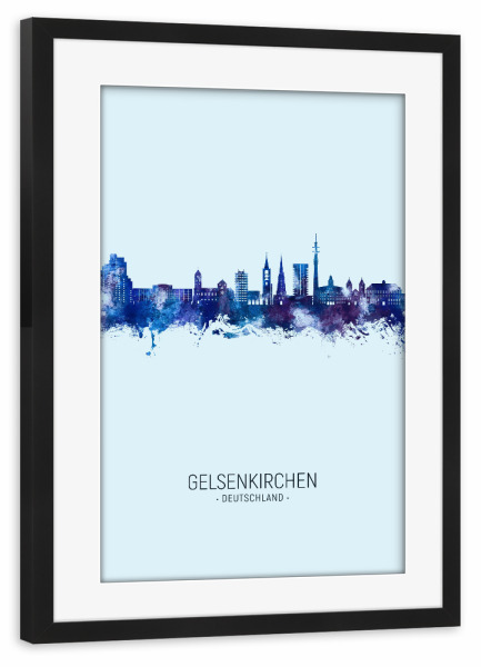 Poster mit Rahmen schwarz "Gelsenkirchener Skyline dunkelblau" artboxONE - Städte
