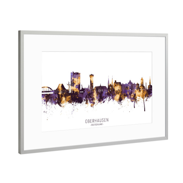 Poster mit Rahmen Silber "Oberhausen Skyline PurpleGold" artboxONE - Städte