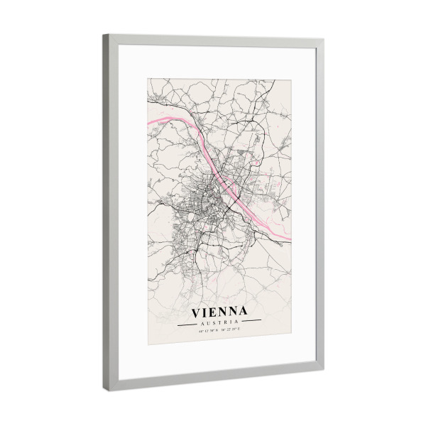 Poster mit Rahmen Silber "Stadt Wien als Karte" artboxONE - Städte / Wien,Kartografie