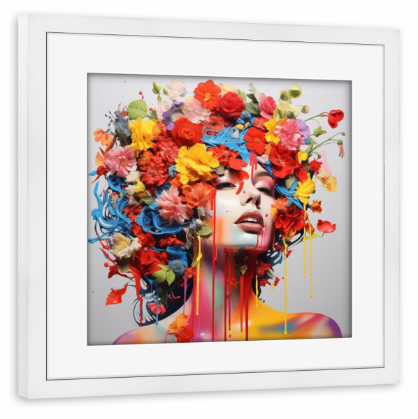 Poster mit Rahmen weiß "BLUMENFRAU POPART" artboxONE - Natur,Reise,Floral,Fashion - Blumen,Farben,Kunst,Gesicht,Geschenk,Frau