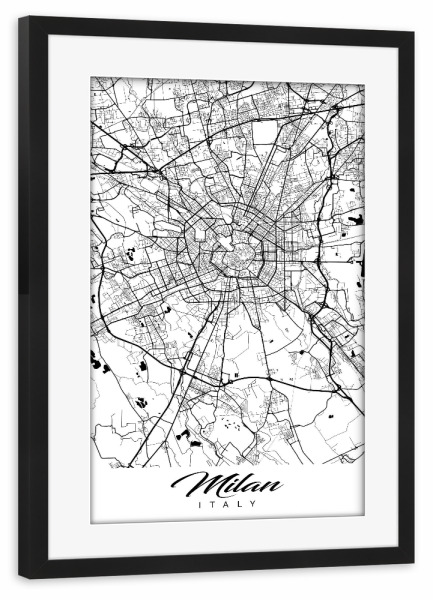 Poster mit Rahmen schwarz "Mailand City Map" artboxONE - Schwarzweiß,Städte / Mailand,Kartografie