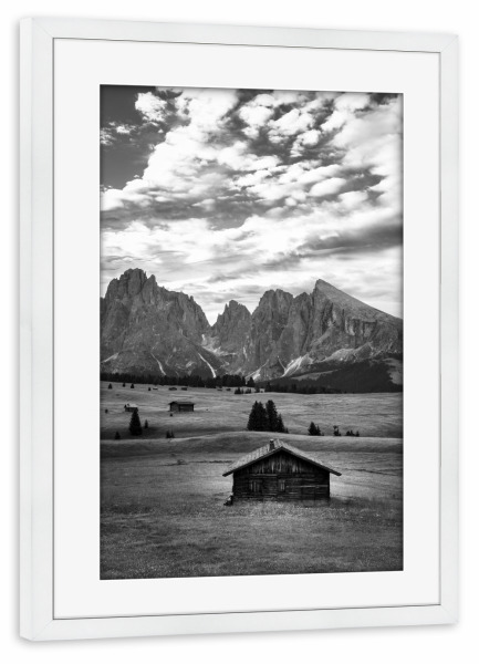 Poster mit Rahmen weiß "Berghütte s/w" artboxONE - Natur,Reise,Schwarzweiß - Berge,Naturfotografie,Natur