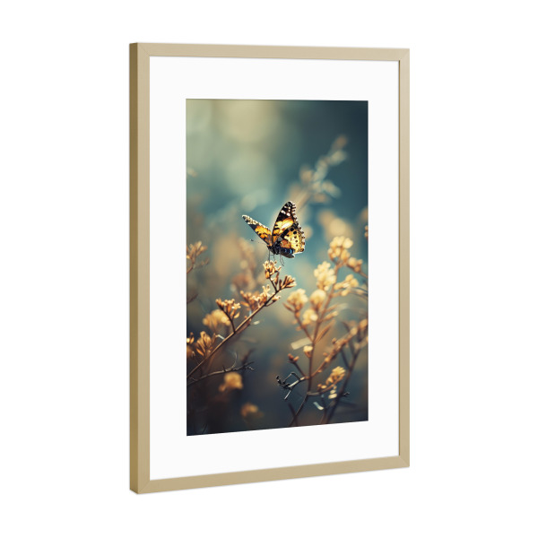 Poster mit Rahmen Gold "Schmetterling auf einem Feld" artboxONE - Natur,Tiere - Bokeh,Schmetterling,Nahaufnahme,Feld,Makro,Wiese,Fotografie,Frühling