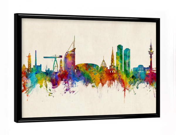 Poster mit schwarzem Rahmen "Bremerhaven Skyline Urban" artboxONE - Städte