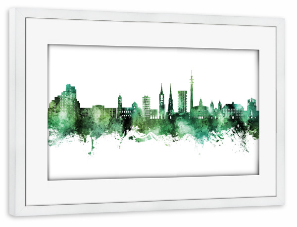 Poster mit Rahmen weiß "Gelsenkirchen Skyline Green" artboxONE - Städte - Gelsenkirchen,Deutschland,Skyline,Stadtbild,Stadtbild,Aquarell,Malerei