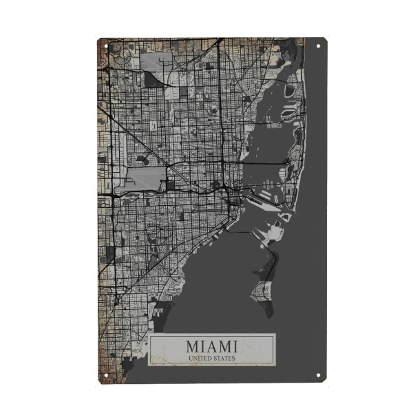 Metall Poster "Vintage City Miami" artboxONE - Schwarzweiß,Städte / Weitere,Kartografie