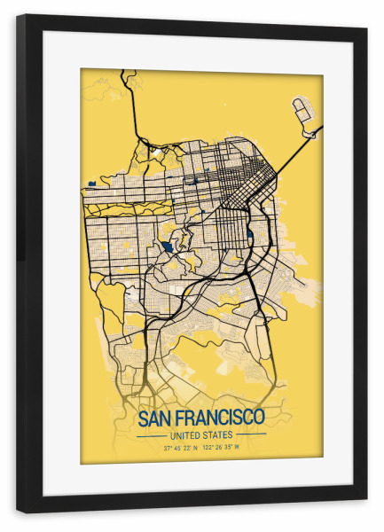 Poster mit Rahmen schwarz "San Francisco Stadt Wandbild" artboxONE - Städte / San Francisco,Kartografie