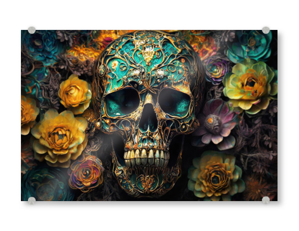 Acrylglasbild "Blumen mit Schädel" artboxONE - Abstrakt - Blüte,Gesicht,Stahl,Schädel,Tod,Gothic_(kultur),Mensch,Porträt,Blume,Dia,Martial,El_muerto