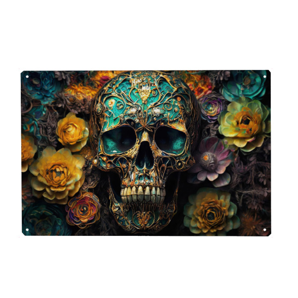 Metall Poster "Blumen mit Schädel" artboxONE - Abstrakt - Blüte,Gesicht,Stahl,Schädel,Tod,Gothic_(kultur),Mensch,Porträt,Blume,Dia,Martial,El_muerto