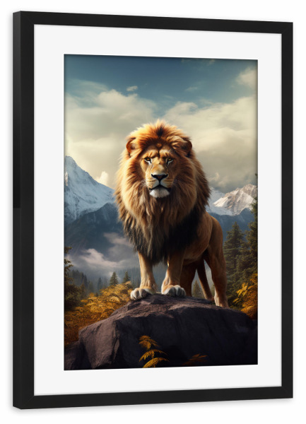 Poster mit Rahmen schwarz "Lion Mountains (matart)" artboxONE - Tiere - Löwe,Löwen,Tier,Tiere,Natur,Wild,Tierwelt,Berge,Wald,Modern