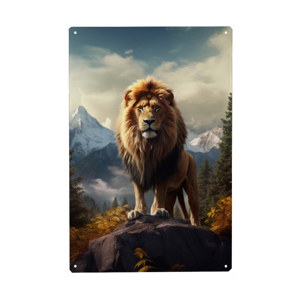 Holzbild "Lion Mountains (matart)" artboxONE - Tiere - Löwe,Löwen,Tier,Tiere,Natur,Wild,Tierwelt,Berge,Wald,Modern