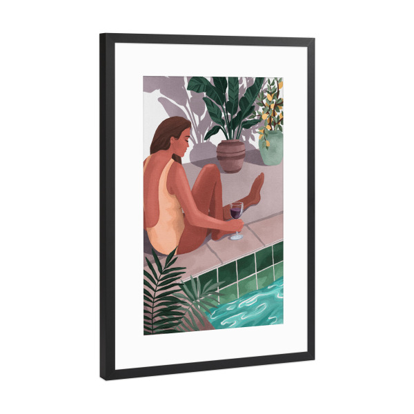 Poster mit Rahmen Schwarz (Metallic) "Ich wette, du denkst an mich" artboxONE - Reise,Menschen - Pool,Sommer,Wein,Frau,Mode