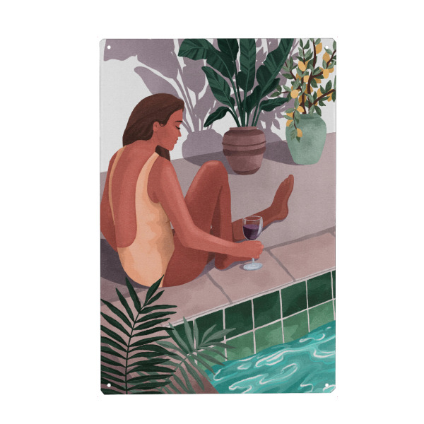 Metall Poster "Ich wette, du denkst an mich" artboxONE - Reise,Menschen - Pool,Sommer,Wein,Frau,Mode - Blechschild