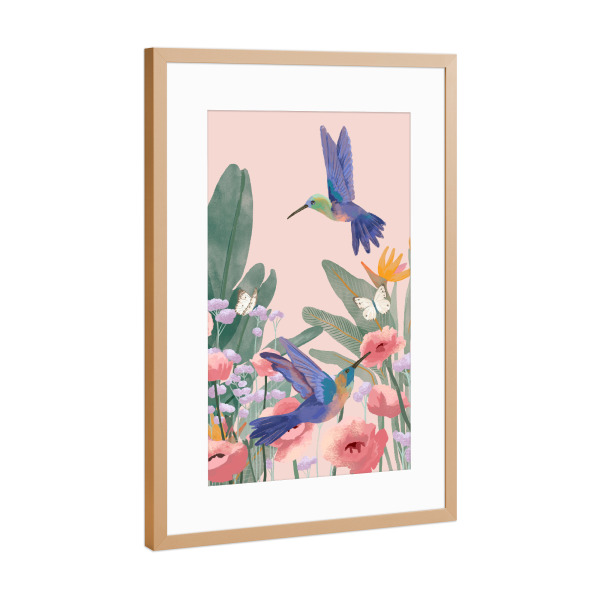 Poster mit Rahmen Kupfer "Kolibris und Blumen" artboxONE - Natur,Tiere - Blumen,Vögel,Kolibris,Schmetterling,Sommer