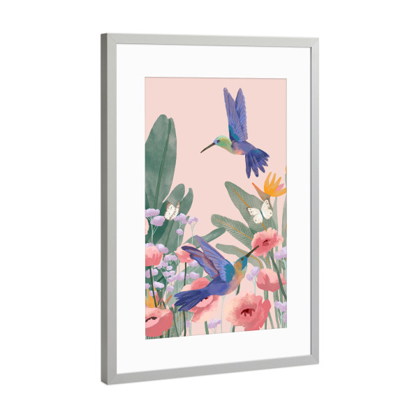 Poster mit Rahmen Silber "Kolibris und Blumen" artboxONE - Natur,Tiere - Blumen,Vögel,Kolibris,Schmetterling,Sommer