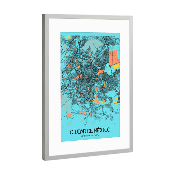 Poster mit Rahmen Silber "Map von Mexiko City" artboxONE - Städte / Weitere,Kartografie