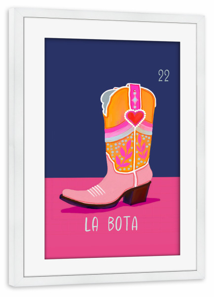 Poster mit Rahmen weiß "22 La Bota Der Stiefel" artboxONE - Abstrakt - Loteria mexicana,Tarot,Boot,Western,Yeehaw,Fett,Lustig,Valentinstag