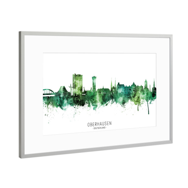 Poster mit Rahmen Silber "Oberhausen Skyline Grüner Name" artboxONE - Städte