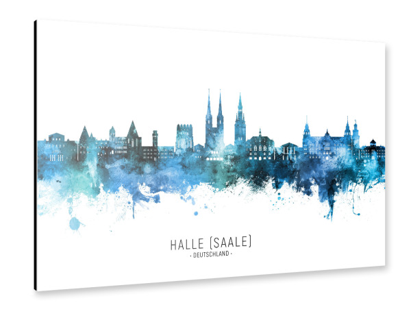 Alu-Dibond "Halle (Saale) Skyline Blauer Name" 30x20 cm artboxONE