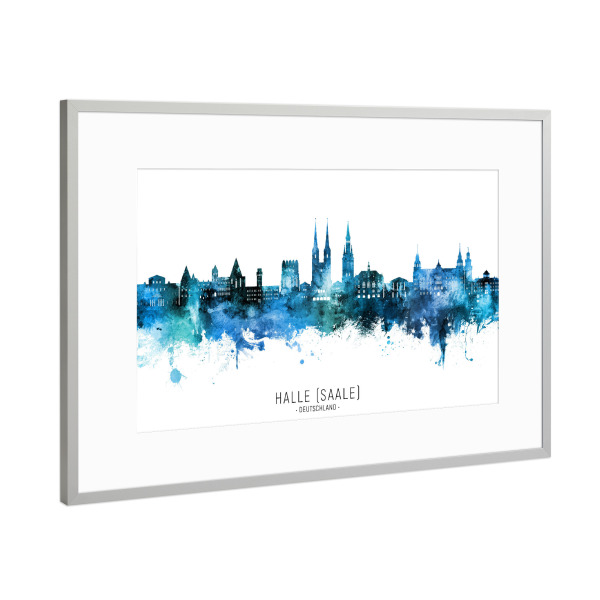 Poster mit Rahmen Silber "Halle (Saale) Skyline Blauer Name" artboxONE - Städte