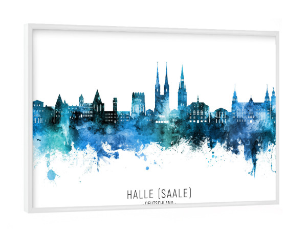 Poster mit weißem Rahmen "Halle (Saale) Skyline Blauer Name" artboxONE - Städte