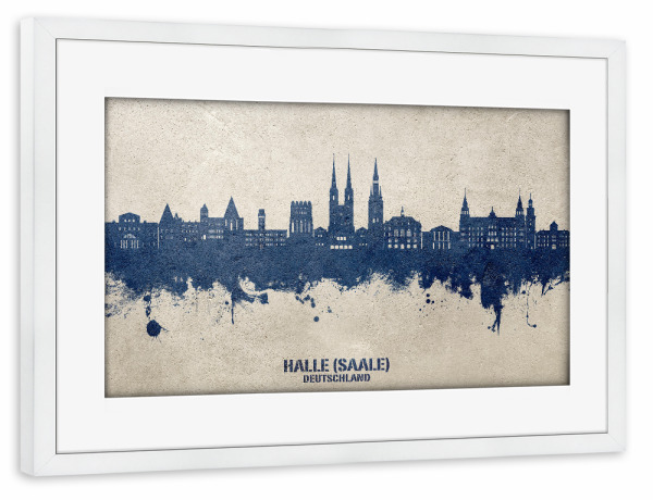 Poster mit Rahmen weiß "Halle (Saale) Skyline PaintBlue" artboxONE - Städte