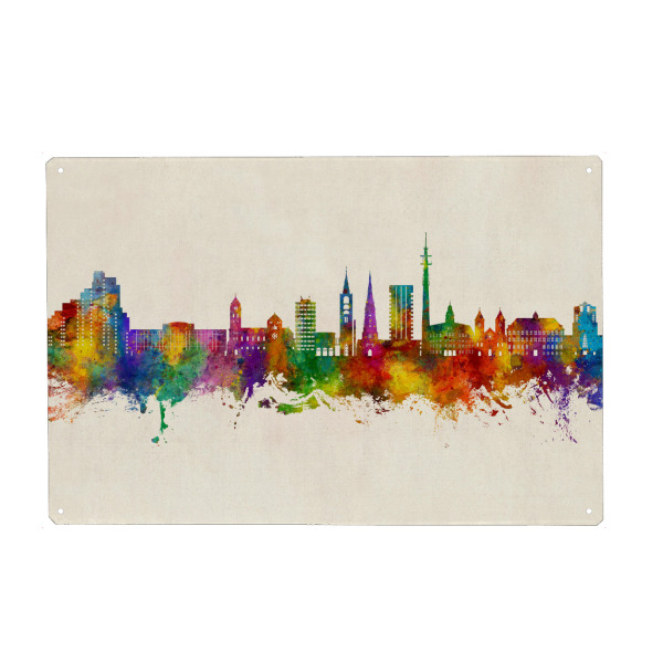 Holzbild "Gelsenkirchen Skyline Urban" artboxONE - Städte - Gelsenkirchen,Deutschland,Skyline,Stadtbild,Stadtbild,Aquarell,Malerei