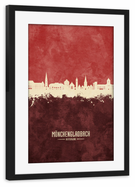 Poster mit Rahmen schwarz "Mönchengladbach Skyline Dunkelrot" artboxONE - Städte