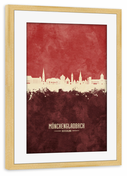 Poster mit Rahmen kiefer "Mönchengladbach Skyline Dunkelrot" artboxONE - Städte