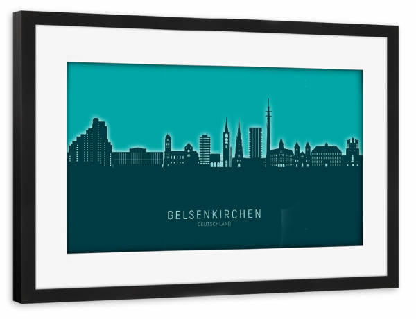 Poster mit Rahmen schwarz "Gelsenkirchen Skyline Glow Teal" artboxONE - Städte